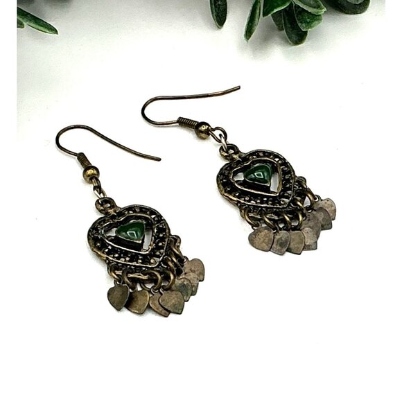 Vintage Inspired Heart Dangle Earrings With Green Stone Accent & Bronze Finish - Picture 4 of 4